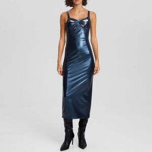 Bershka Strappy Metallic Faux Leather Midi Dress Navy SZ XS
